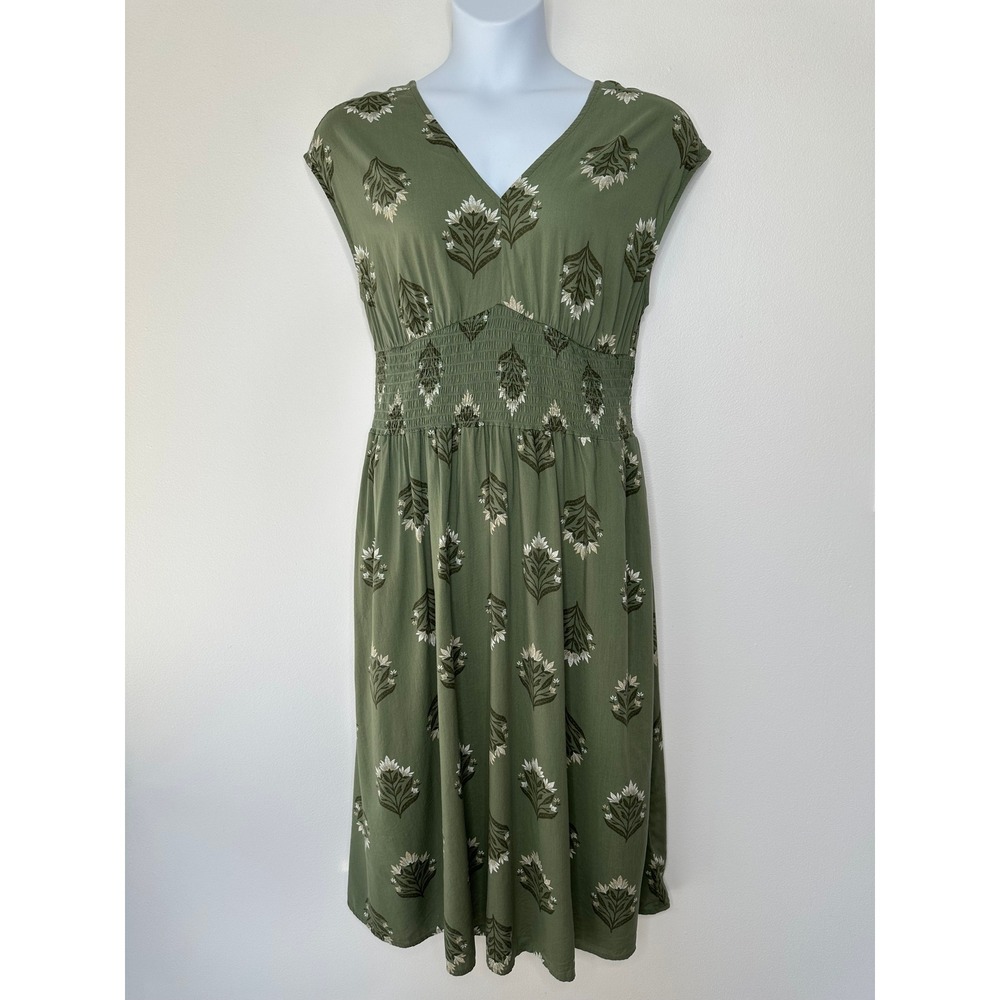 Old Navy Midi Dress Smocked Waist V-Neck Size L Green Floral Block Print Pockets